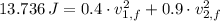 13.736\,J = 0.4\cdot v_{1,f}^{2}+0.9\cdot v_{2,f}^{2}