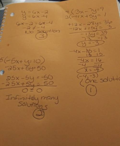 Arrange the systems of equations in order from least to greatest based on the number of solutions fo