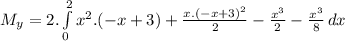 M_{y} = 2.\int\limits^2_0 {x^{2}.(-x+3)+\frac{x.(-x+3)^{2}}{2} - {\frac{x^{3}}{2}-\frac{x^{3}}{8}  } } \,dx }