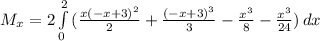 M_{x} = 2\int\limits^2_0 { ({\frac{x(-x+3)^{2}}{2}+\frac{(-x+3)^{3}}{3} -\frac{x^{3}}{8}-\frac{x^{3}}{24}  )}\, dx }