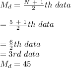 M_{d} = \frac{N\ +\ 1}{2} th\ data\\\\=\frac{5\ +\ 1}{2}th\ data\\\\=\frac{6}{2} th\ data\\= 3rd\ data\\M_{d} = 45