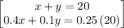 \begin{bmatrix}x+y=20\\ 0.4x+0.1y=0.25\left(20\right)\end{bmatrix}