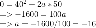 0 = 40^2 +2a*50\\= -1600 = 100a\\= a = -1600/100 = -16