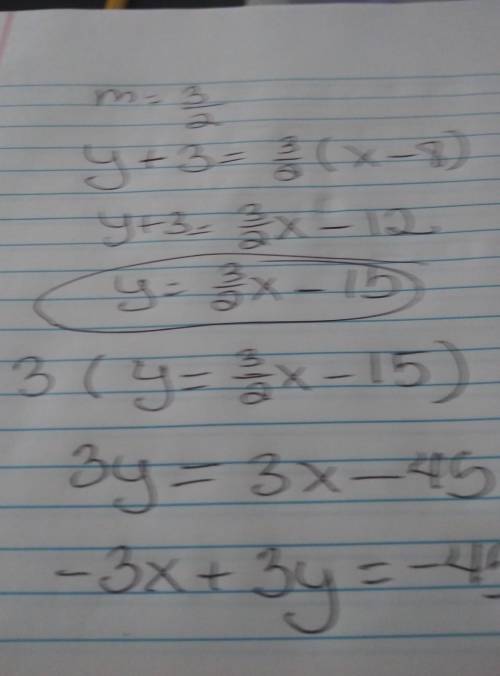 Find an equation of the line with the slope m= 3/2 that passes through the point (8,-3). Write the e