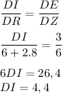 \dfrac{DI}{DR}=\dfrac{DE}{DZ}\\\\\dfrac{DI}{6+2.8}=\dfrac{3}{6}\\\\6DI=26,4\\DI=4,4