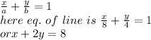 \frac{x}{a} +\frac{y}{b} =1\\here ~eq. ~of ~line~ is ~ \frac{x}{8} +\frac{y}{4} =1\\or x+2y=8\\