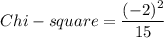 Chi -square = \dfrac{(-2)^2}{15}