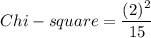 Chi -square = \dfrac{(2)^2}{15}