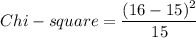 Chi -square = \dfrac{(16- 15 )^2}{15}