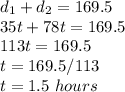 d_1+d_2=169.5\\35t+78t=169.5\\113t=169.5\\t=169.5/113\\t=1.5\ hours