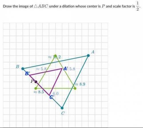 Draw the image of △ABC under a dilation whose center is P and scale factor is 1/2.