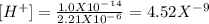 [H^+]=\frac{1.0X10^-^1^4}{2.21X10^-^6}=4.52X^-^9