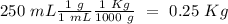 250~mL\frac{1~g}{1~mL}\frac{1~Kg}{1000~g}~=~0.25~Kg