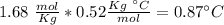 1.68~\frac{mol}{Kg}*0.52\frac{Kg~^{\circ}C}{mol}=0.87^{\circ}C