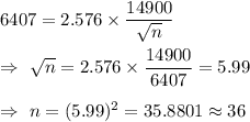 6407=2.576\times\dfrac{14900}{\sqrt{n}}\\\\\Rightarrow\ \sqrt{n}=2.576\times\dfrac{14900}{6407}=5.99\\\\\Rightarrow\ n=(5.99)^2=35.8801\approx 36