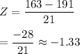 Z=\dfrac{163-191}{21}\\\\=\dfrac{-28}{21}\approx-1.33
