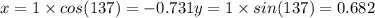 x = 1\times cos(137) = -0.731y = 1\times sin(137) = 0.682