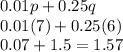 0.01p+0.25q \\ 0.01(7)+0.25(6) \\ 0.07+1.5 =1.57