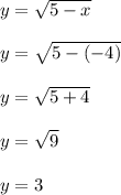 y = \sqrt{5-x}\\\\y = \sqrt{5-(-4)}\\\\y=\sqrt{5+4}\\\\y = \sqrt{9}\\\\y = 3