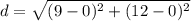 d=\sqrt{(9-0)^2+(12-0)^2}
