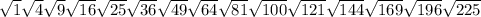 \sqrt{1} \sqrt{4} \sqrt{9} \sqrt{16} \sqrt{25} \sqrt{36} \sqrt{49} \sqrt{64} \sqrt{81} \sqrt{100} \sqrt{121} \sqrt{144} \sqrt{169} \sqrt{196} \sqrt{225}