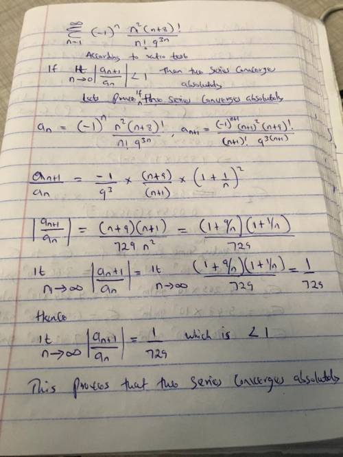 Use the Ratio Test to determine if the following series converges absolutely or diverges.

sigma^inf