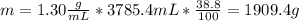 m = 1.30 \frac{g}{mL}*3785.4 mL*\frac{38.8}{100} = 1909.4 g