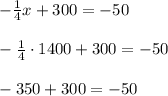 -\frac{1}{4}x + 300 = -50\\\\-\frac{1}{4}\cdot1400 + 300 = -50\\\\-350 + 300 = -50