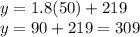 y=1.8(50)+219\\y=90+219=309