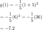g(1)=-\dfrac{1}{5}(1+5)^2\\\\=-\dfrac{1}{5}(6)^2=-\dfrac{1}{5}(36)\\\\=-7.2
