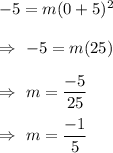 -5=m(0+5)^2\\\\\Rightarrow\ -5=m(25)\\\\\Rightarrow\ m=\dfrac{-5}{25}\\\\\Rightarrow\ m=\dfrac{-1}{5}