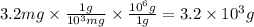 3.2 mg \times \frac{1g}{10^{3}mg } \times \frac{10^{6}\micro g  }{1g} = 3.2  \times 10^{3} \micro g