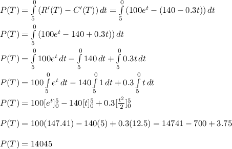 P(T) = \int\limits^0_5 {(R'(T)-C'(T))} \, dt= \int\limits^0_5 {(100e^t-(140-0.3t))} \, dt\\ \\P(T)= \int\limits^0_5 {(100e^t-140+0.3t))} \, dt\\\\P(T)= \int\limits^0_5 {100e^t} \, dt- \int\limits^0_5 {140} \, dt+ \int\limits^0_5 {0.3t} \, dt\\\\P(T)=100\int\limits^0_5 {e^t} \, dt- 140\int\limits^0_5 {1} \, dt+0.3 \int\limits^0_5 {t} \, dt\\\\P(T)=100[e^t]_0^5-140[t]_0^5+0.3[\frac{t^2}{2} ]_0^5\\\\P(T)=100(147.41)-140(5)+0.3(12.5)=14741-700+3.75\\\\P(T)=14045