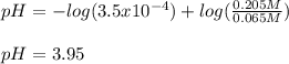 pH=-log(3.5x10^{-4})+log(\frac{0.205M}{0.065M} )\\\\pH=3.95