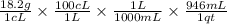 \frac{18.2g}{1cL}\times \frac{100cL}{1L}\times \frac{1L}{1000mL}\times \frac{946mL}{1qt}