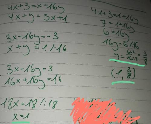 Solve simultaneous equation:4x+3=x+16y 4x+y=3x+1