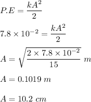 P.E=\dfrac{kA^2}{2}\\\\7.8\times 10^{-2}=\dfrac{kA^2}{2}\\\\A=\sqrt{\dfrac{2\times 7.8 \times 10^{-2}}{15}}\ m\\\\A=0.1019 \ m\\\\A=10.2\ cm