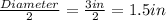 \frac{Diameter}{2}=\frac{3in}{2}=1.5in