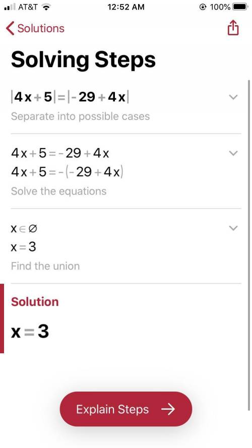 Solve |4x +5| = |-29 +4x|

pls add step by step directions, I have a test tomorrow and need to know