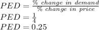 PED = \frac{\%\ change\ in\ demand}{\%\ change\ in\ price}\\ PED =\frac{1}{4} \\PED = 0.25