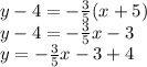 y  - 4 =  -  \frac{3}{5} (x + 5) \\ y  -  4 =  -  \frac{3}{5} x - 3 \\ y =  -  \frac{3}{5} x - 3 + 4