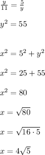 \frac{y}{11}=\frac{5}{y}\\\\y^2=55\\\\\\x^2=5^2+y^2\\\\x^2=25+55\\\\x^2=80\\\\x=\sqrt{80}\\\\x=\sqrt{16\cdot5}\\\\x=4\sqrt5