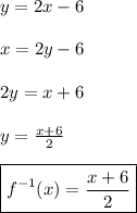 y=2x-6\\&#10;\\&#10;x=2y-6\\&#10;\\&#10;2y=x+6\\&#10;\\&#10;y=\frac{x+6}{2}\\&#10;\\&#10;\boxed{f^{-1}(x)=\frac{x+6}{2}}