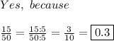 Yes,\ because\\\\\frac{15}{50}=\frac{15:5}{50:5}=\frac{3}{10}=\boxed{0.3}