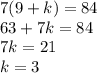 7(9+k)=84\\&#10;63+7k=84\\&#10;7k=21\\&#10;k=3