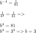 b^{-4}= \frac{1}{81}  \\  \\  \frac{1}{b^4} = \frac{1}{81} = \\  \\ b^4=81 \\ b^4=3^4=b=3&#10;