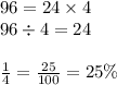 96=24\times4\\96\div4=24\\\\\frac{1}4=\frac{25}{100}=25\%
