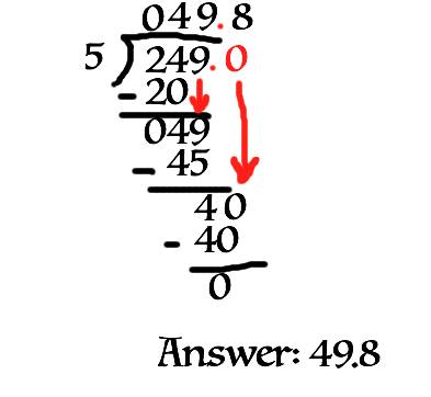 How would you write 249 divided by 5 in long division form, completely?