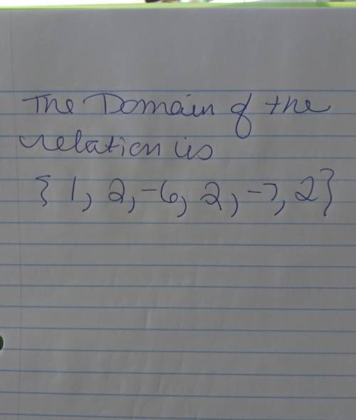 What is the domain of the relation {(1,-5), (2,3), (-6, -1), (2, 3), (-7, 8), (2, 3)}?