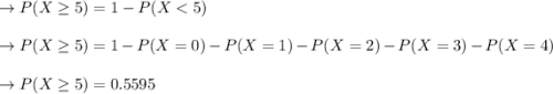 \to P(X \ge 5) = 1 - P(X < 5) \\\\ \to  P(X \ge 5) = 1 - P(X = 0) - P(X = 1) - P(X = 2) - P(X = 3) - P(X = 4) \\\\ \to  P(X \ge 5) = 0.5595